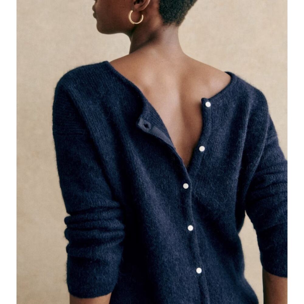 Sezane Navy Blue Button-Back Sweater